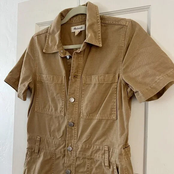 Madewell Garment Dyed Relaxed Coverall Shorts Jumpsuit Khaki Tan Size S